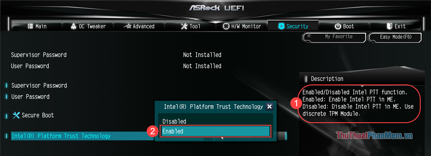 Cài đặt Intel PPT mặc định là bật hoặc tắt mô-đun TPM trên bo mạch chủ.