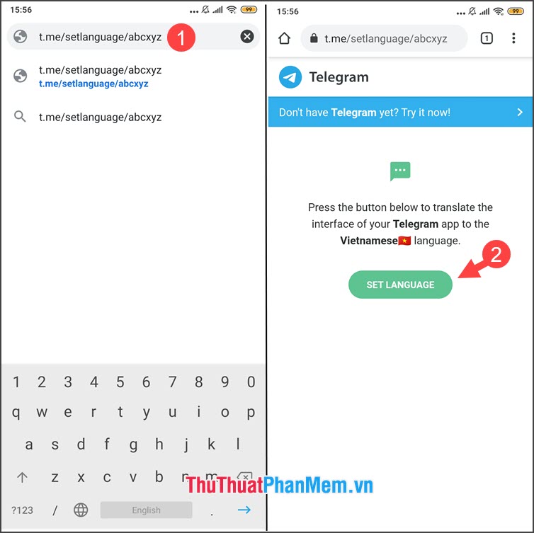 Chạm vào Set Language và mở liên kết với ứng dụng Telegram