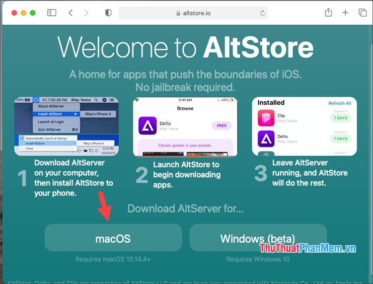 Click vào nút macOS để tải về bản cài đặt AltStore dành cho Mac