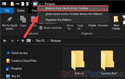 Chọn Remove from Quick Access Toolbar