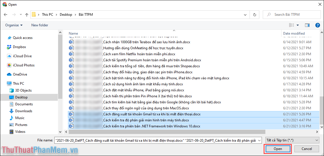 Chọn toàn bộ các tài liệu Word cần chuyển đổi sang Google Docs trên máy tính và nhấn Open để hoàn tất