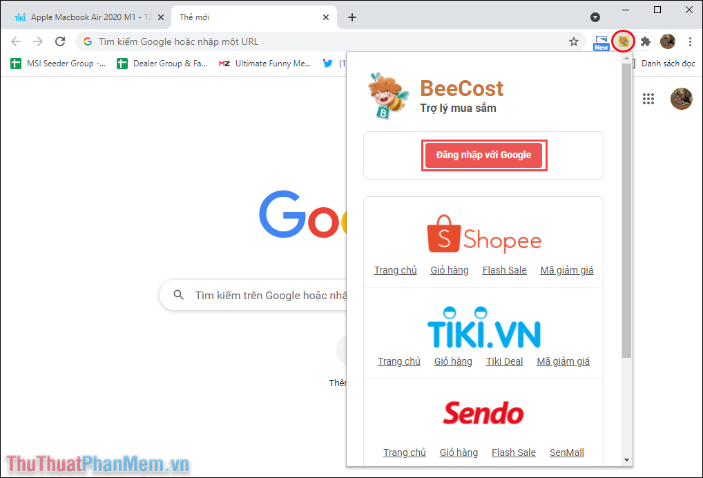 Nhấn vào biểu tượng BeeCost trên thanh Taskbar và chọn Đăng nhập với Google