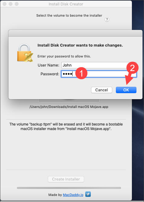 Nhập mật khẩu trên macOS và nhấn OK