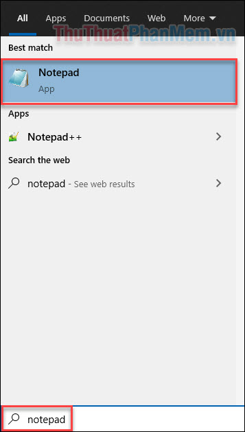 Sử dụng hộp tìm kiếm để tìm và mở ứng dụng Notepad