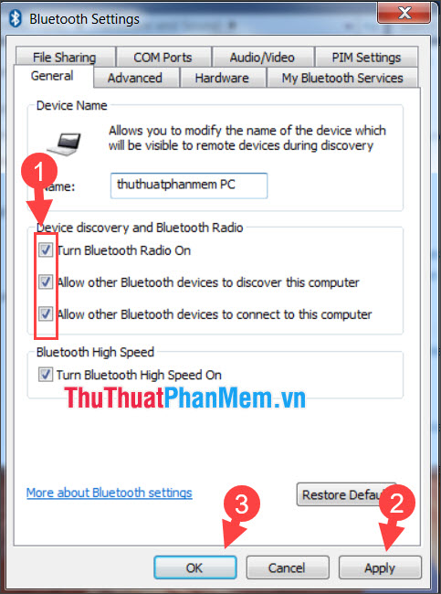 Tích chọn các mục trong Device discovery and Bluetooth Radio