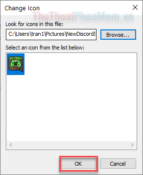 Trong mục Select an icon from the list below đổi thành icon mới, bạn nhấn OK