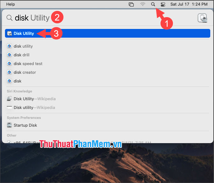 Tìm kiếm từ khóa Disk và chọn Disk Utility