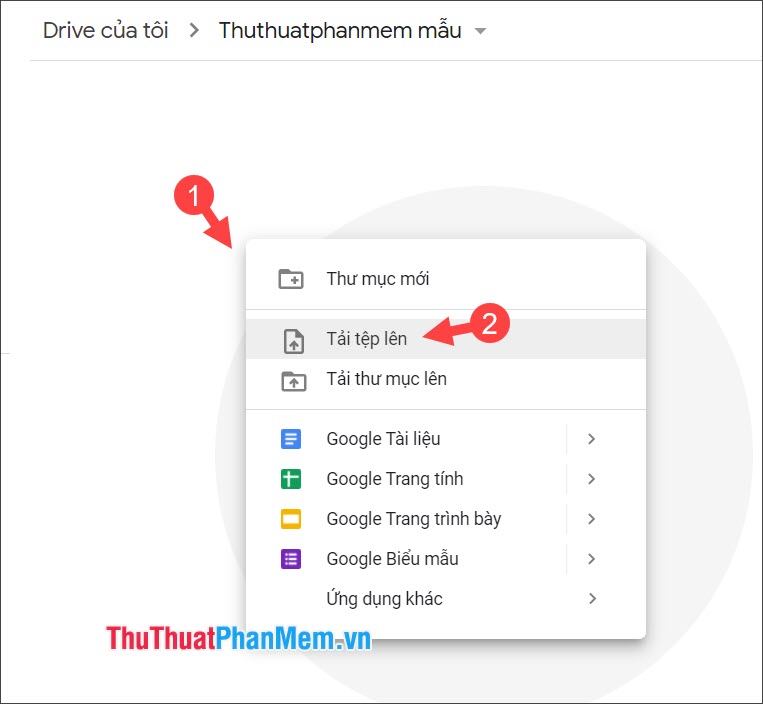 Nhấp chuột phải vào không gian trống trong Google Drive,[ファイルのアップロード]Chọn.