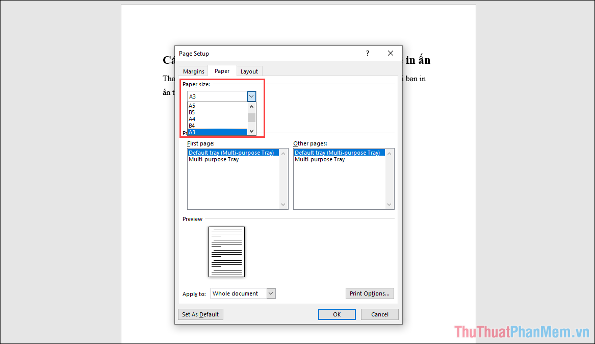 Bạn sẽ có sẵn một loạt các kích thước trong mục Paper Size
