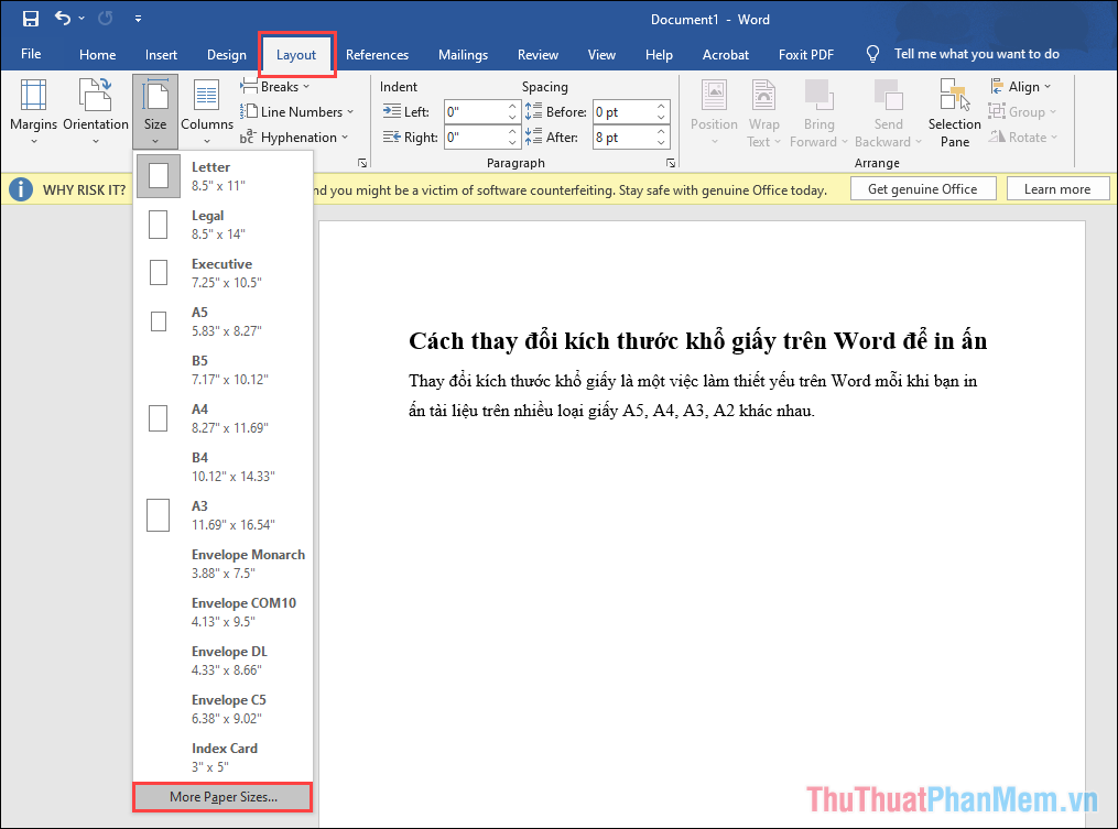 Chọn More Paper Sizes