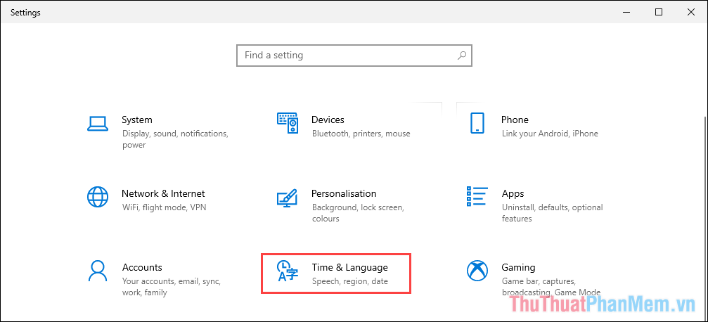 [時刻と言語]Chọn tab để đặt ngôn ngữ cho máy tính Windows 10 của bạn