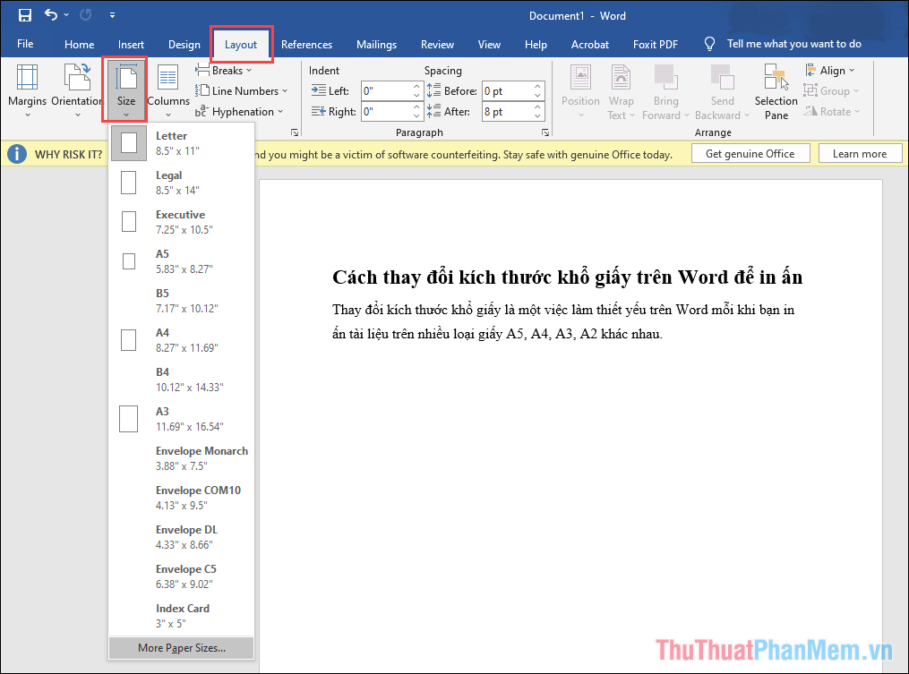Chuyển sang thẻ Layout để thay đổi bố cục và nhấn vào Size để xem toàn bộ các kích thước sẵn có