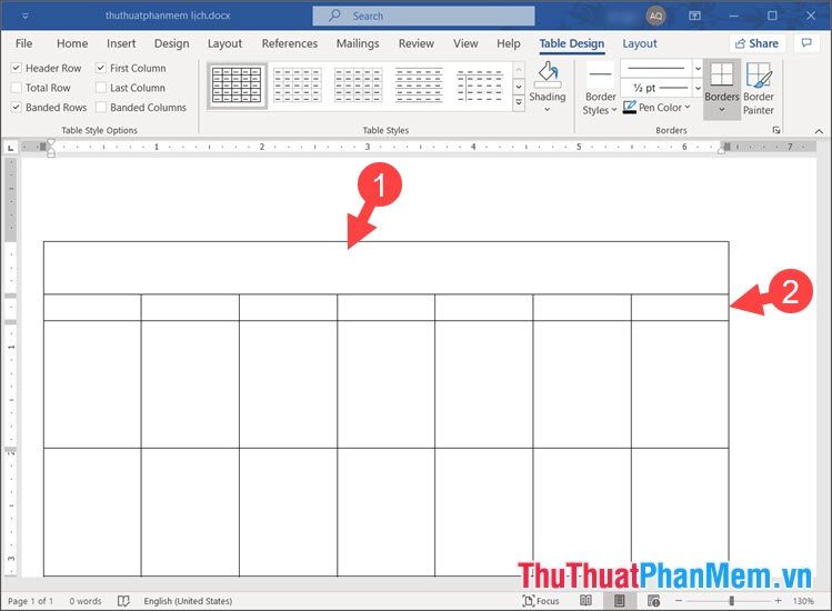 Kéo dãn ô tiêu đề và thu nhỏ hàng thứ 2 để làm các ô phân chia từ thứ hai đến chủ nhật