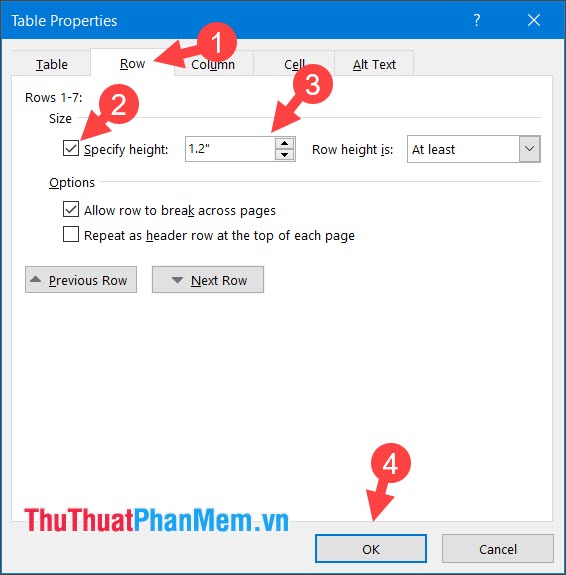 Tích chọn Specify Height và thay đổi độ rộng ô trong khoảng 1-1,2 inch  hoặc tầm 2,5-3 cm