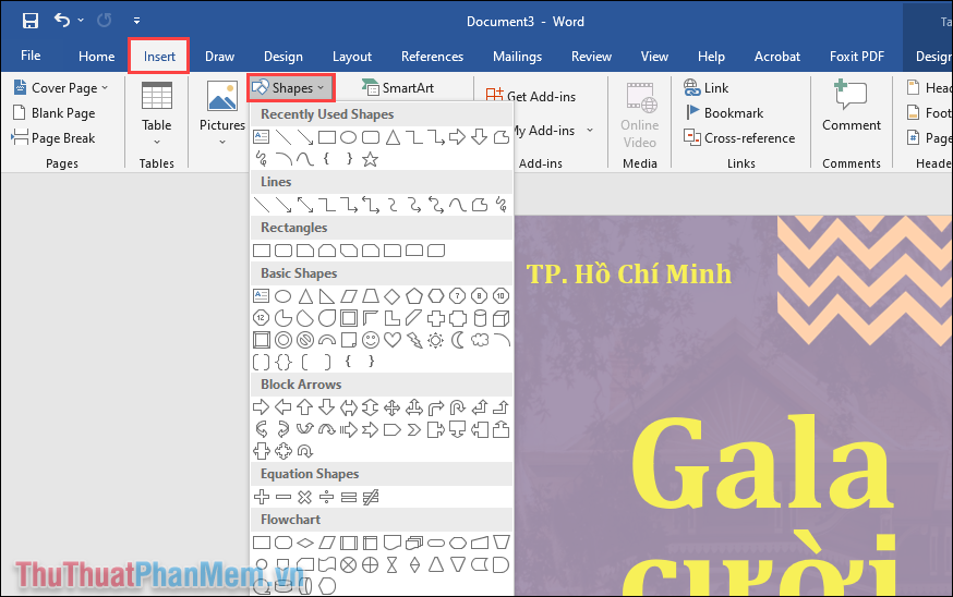 Nhấn vào ảnh để phóng to Chọn mục Insert và nhấn Shapes