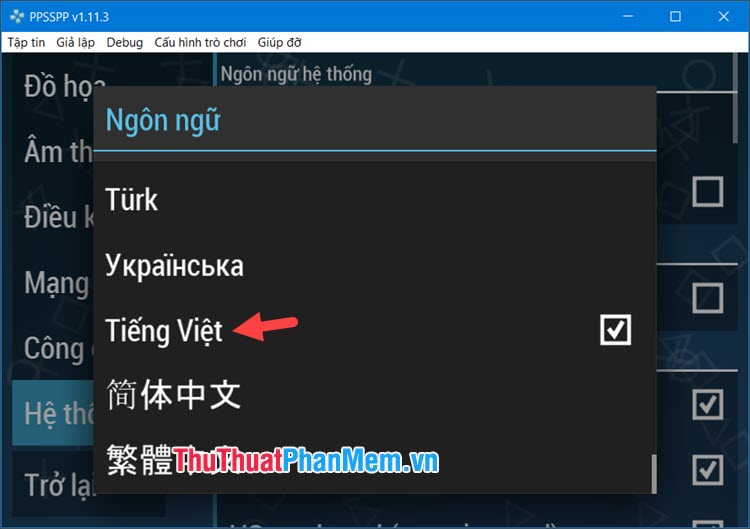Chọn ngôn ngữ Tiếng việt để chuyển sang giao diện tiếng Việt trên trình giả lập