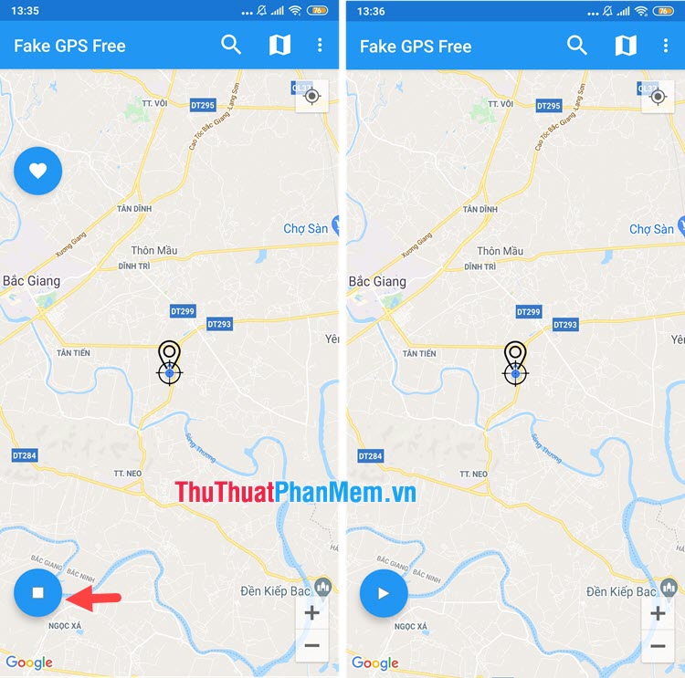 Mở lại ứng dụng Fake GPS Go và chạm vào biểu tượng ô vuông màu xanh để tắt