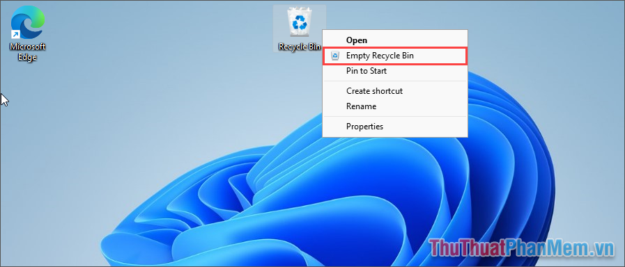 Click chuột phải vào thùng rác trên Windows 11 và chọn Empty Recycle Bin