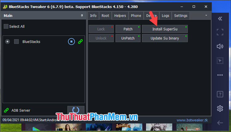 Click vào Install SuperSu trên BlueStacks Tweaker để cài ứng dụng