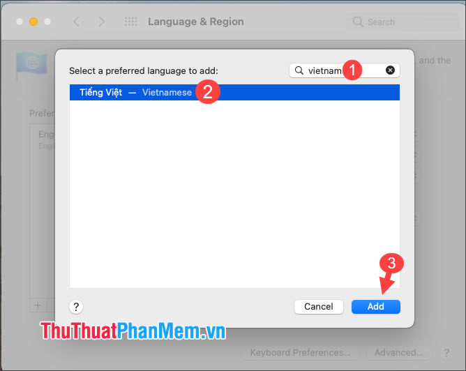 Chọn ngôn ngữ Tiếng Việt rồi nhấn Add