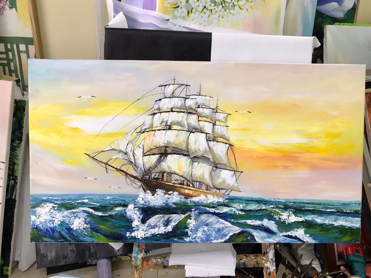 Mẫu tranh sơn dầu con thuyền