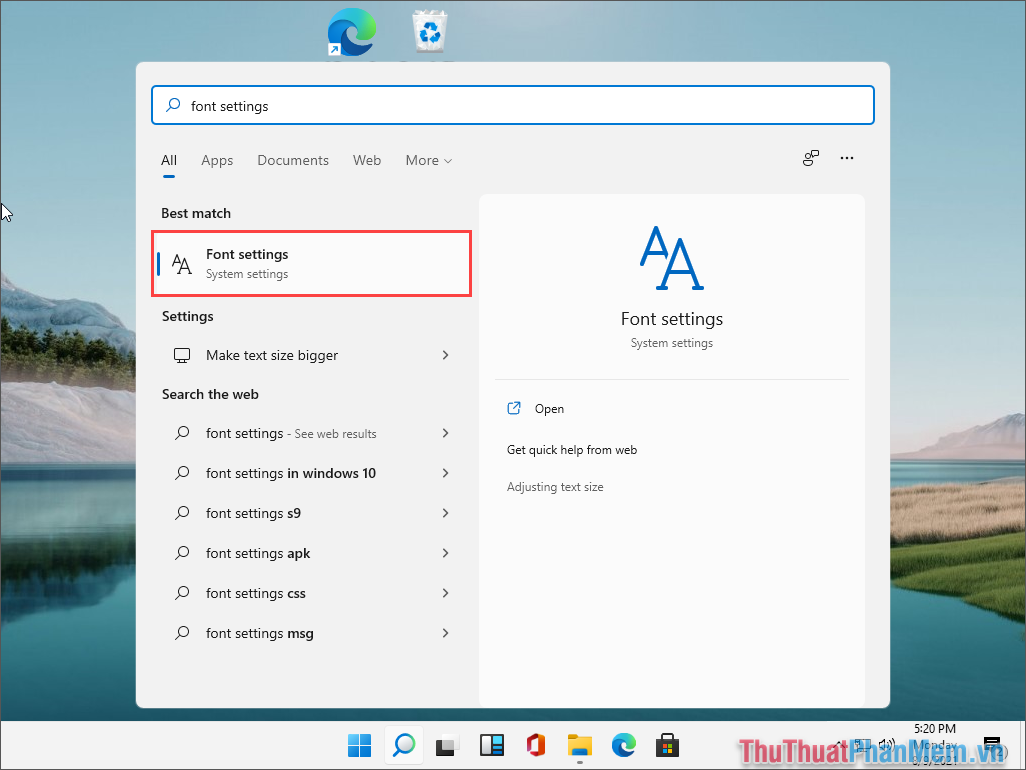 Nhập Font Settings để mở thiết lập font chữ trên máy tính