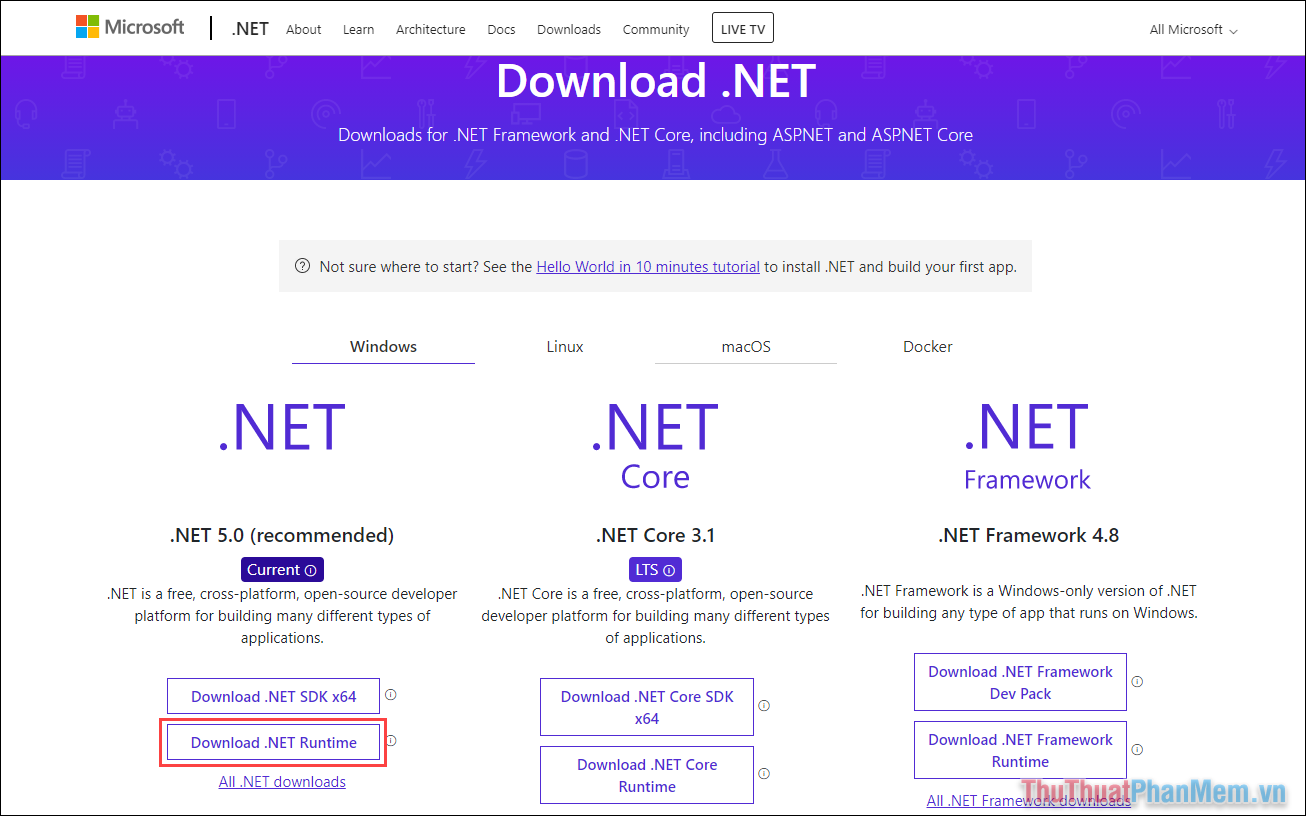 Chọn Download .NET runtime