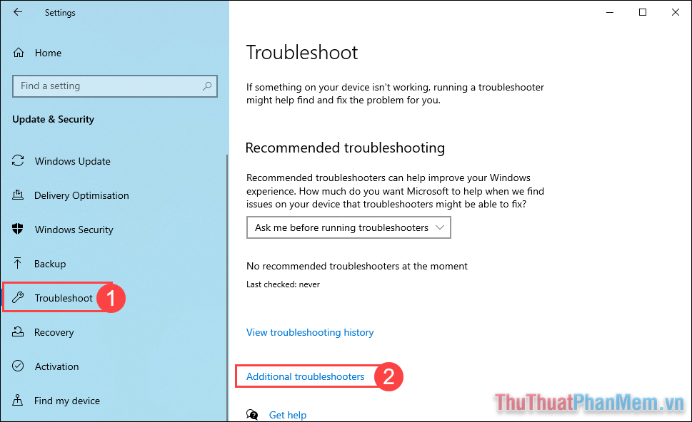 Chọn thẻ Troubleshoot và chọn Additional troubleshooters để thêm các bộ sửa lỗi