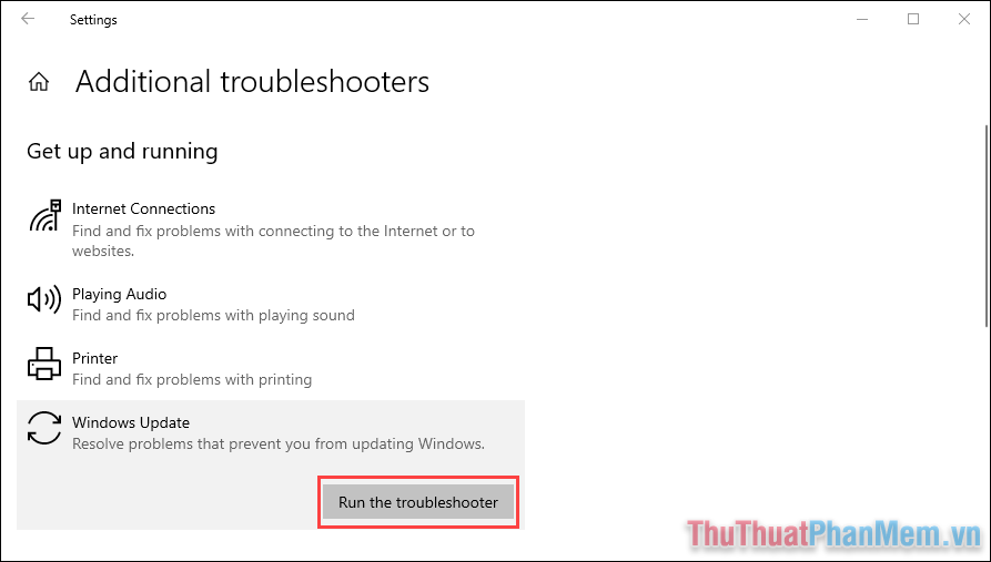 Tìm đến mục Windows Update và chọn Run the troubleshooter để bắt đầu sửa lỗi