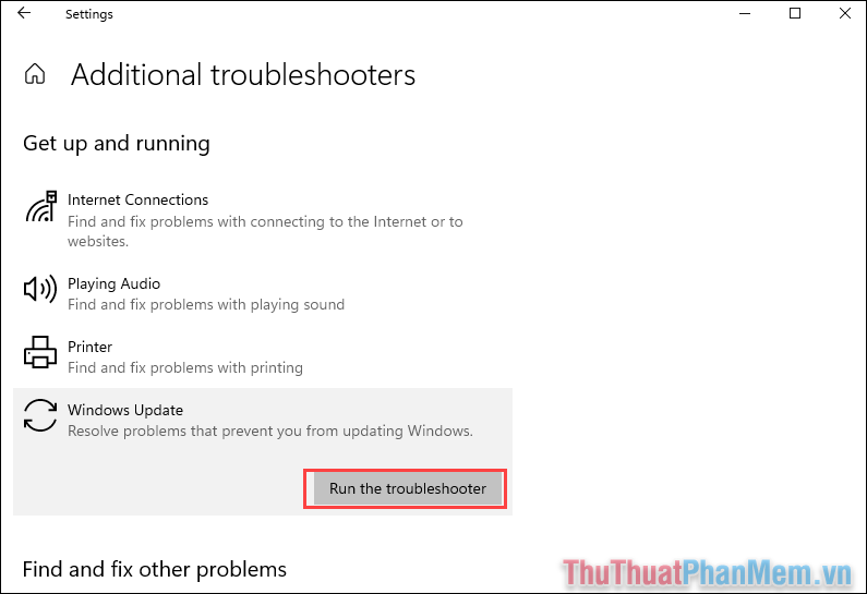 Tìm đến thẻ Run the troubleshooter của mục Windows Update để sửa lỗi 0x8004FC12