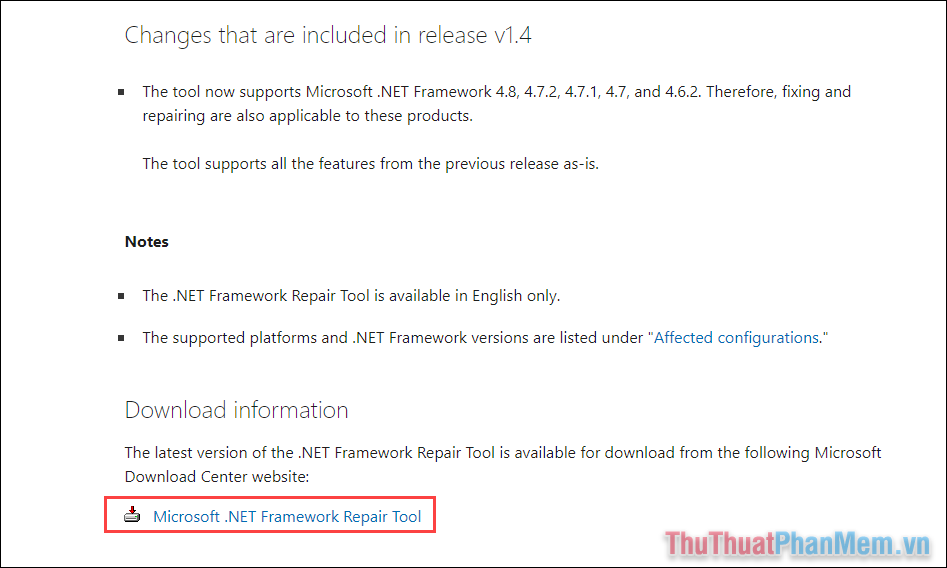 Đi tới trang chủ của Công cụ sửa chữa .NET Framework,[ダウンロード]Chọn.