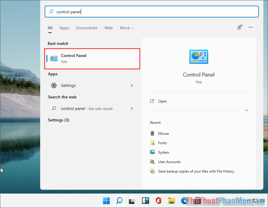 Mở Menu Start và nhập Control Panel để mở trình quản lý trên máy tính Windows