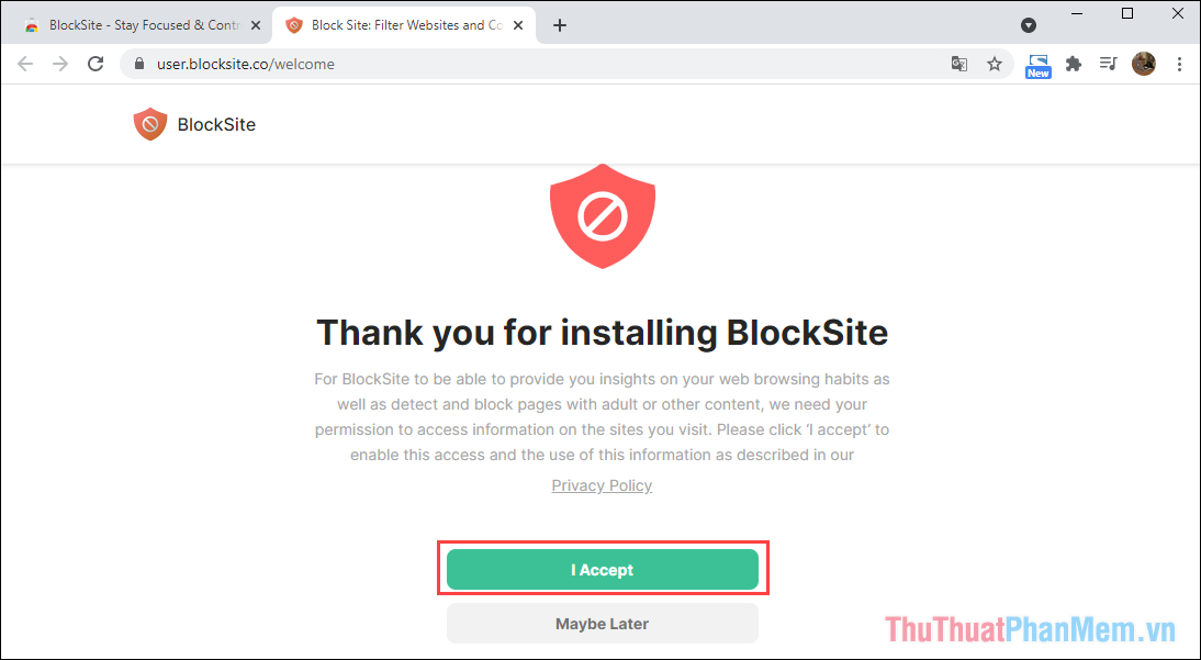 [同意する]Chọn để xác nhận yêu cầu của BlockSite