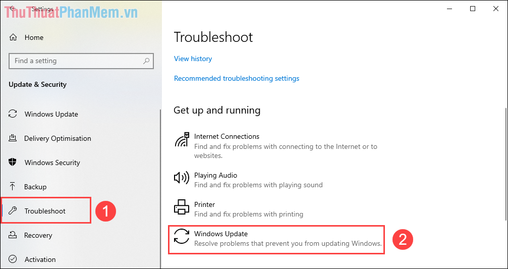 Chọn mục Troubleshoot rồi tìm đến Windows Update để mở bảng sửa lỗi