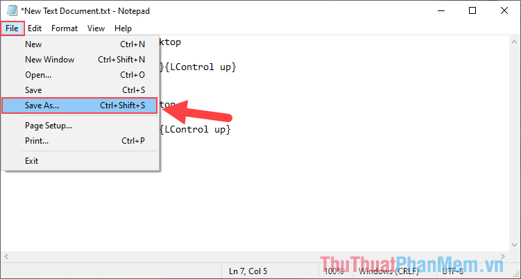 Chọn Save As… (Ctrl + Shift + S) để tiến hành lưu lại dưới dạng file của AutoHotKey