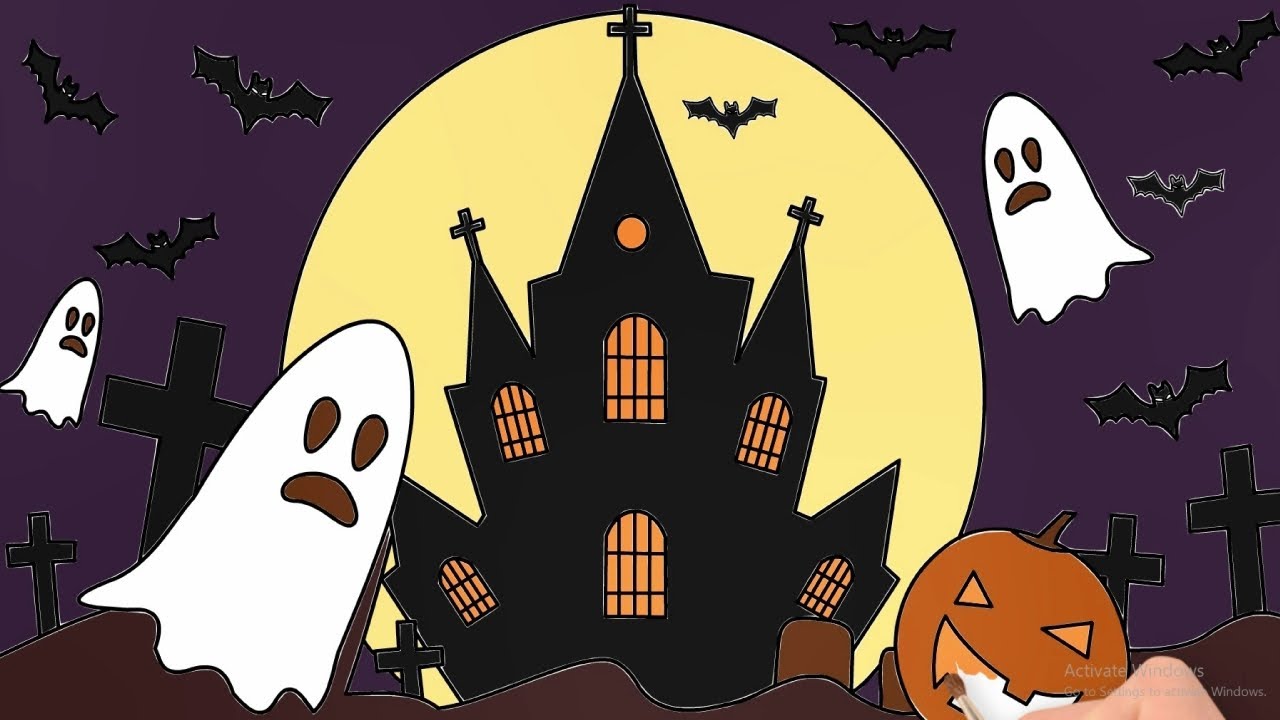 Hình vẽ Halloween lâu đài ma ám