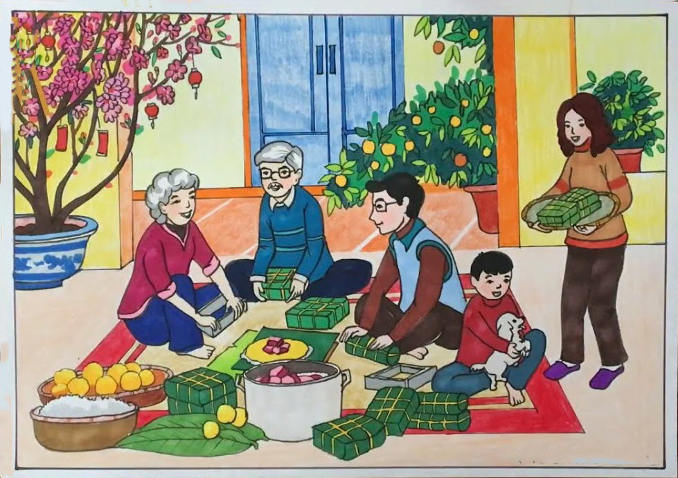 Vẽ tranh ngày tết và mùa xuân Bà và cháu nấu bánh chưng tết  Vẽ tranh đề  tài gia đình đón tết  Tilado