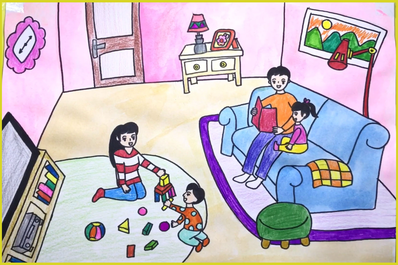 Mẫu tranh vẽ về đề tài gia đình hạnh phúc đẹp