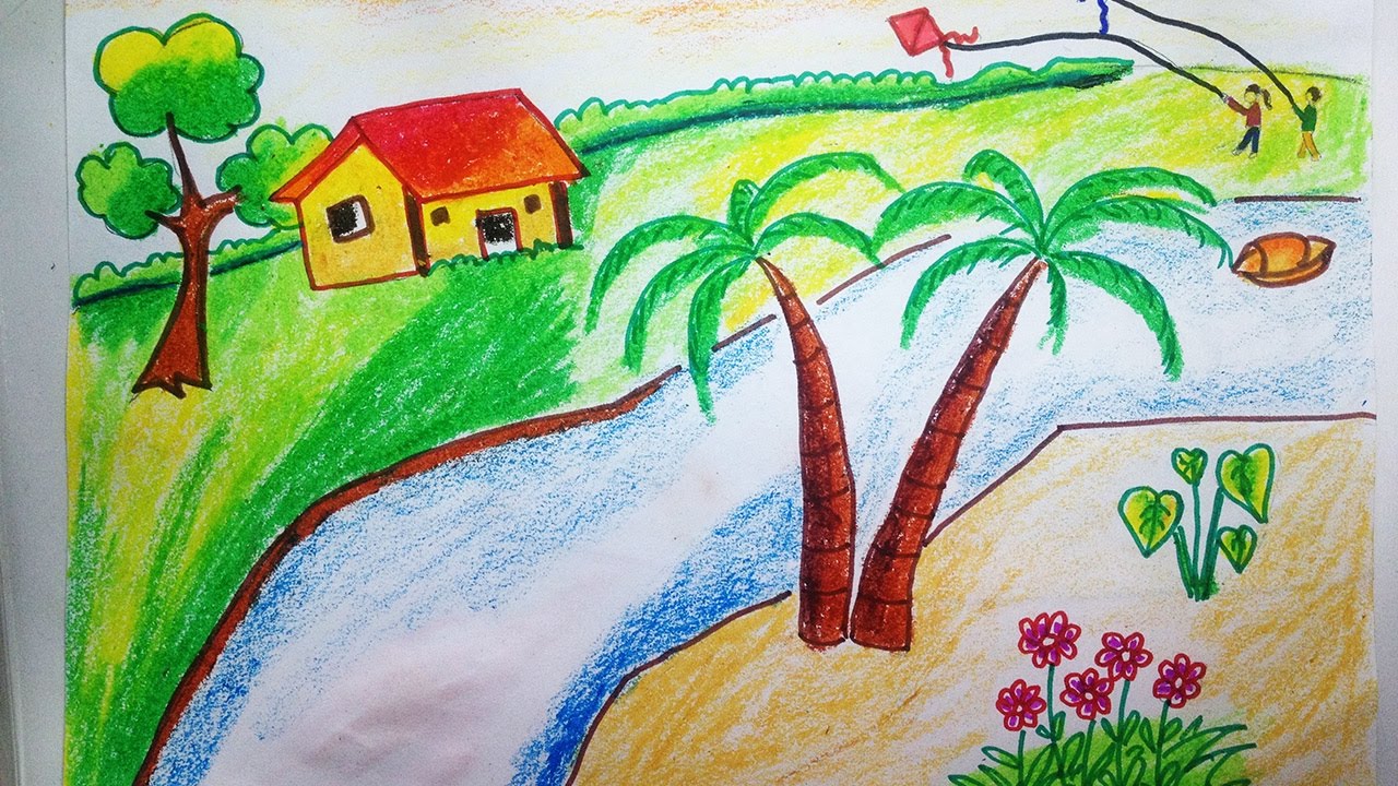 How to draw Landscape  Scenery of beautiful nature  scenery of summer  season  step by step  YouTube
