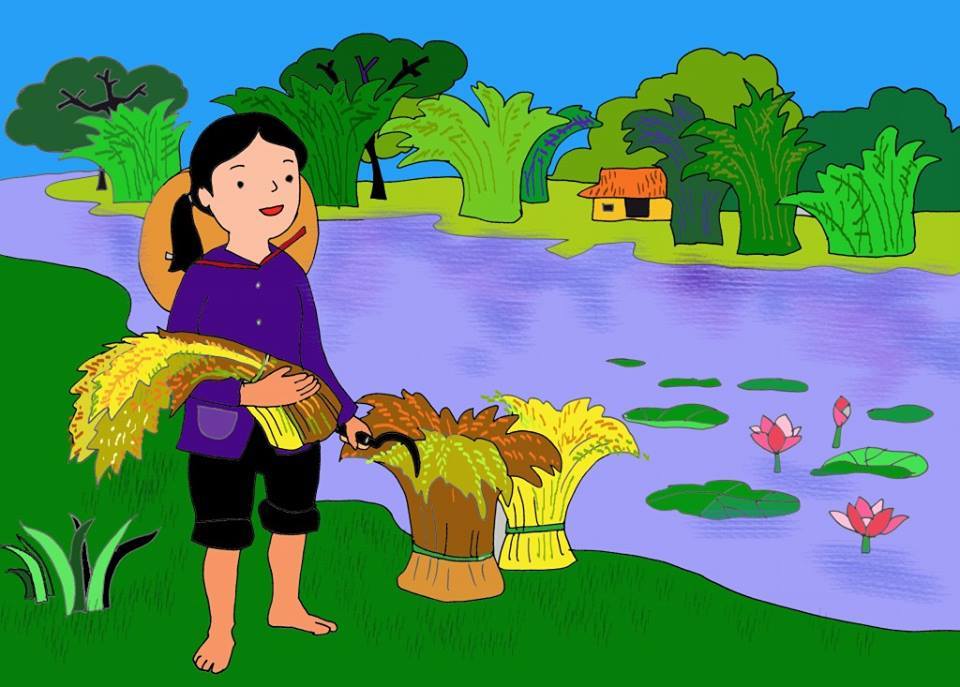 Tranh vẽ mẹ tần tảo vất vả đi gặt lúa
