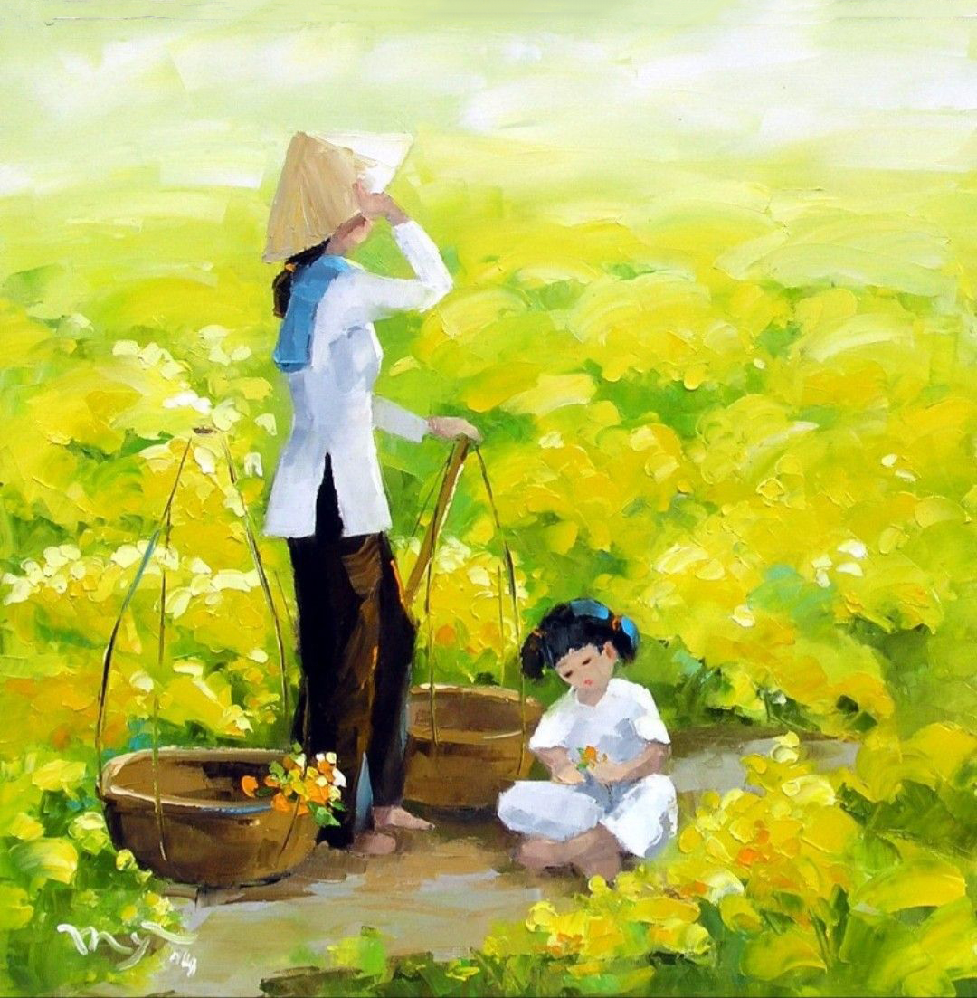 Bức tranh vẽ mẹ và bé trên cánh đồng hoa đẹp