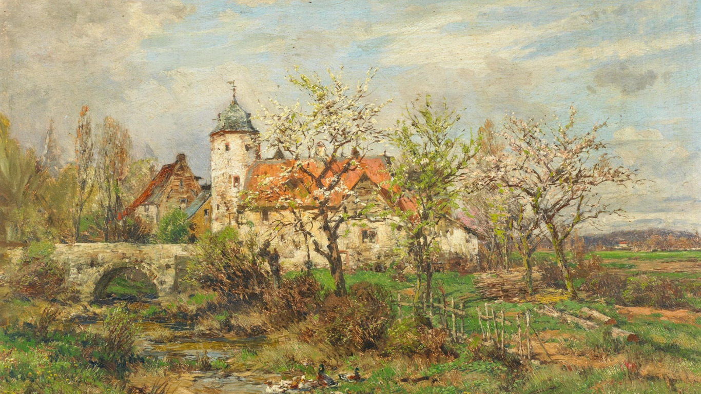 Tranh vẽ phong cảnh mùa xuân ở làng quê