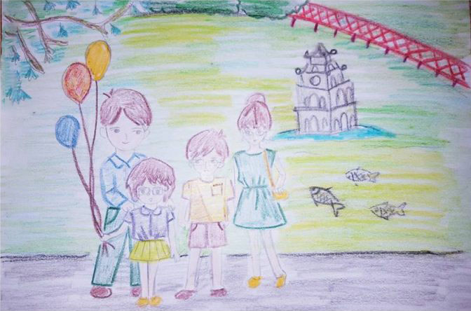 Vẽ tranh về chủ đề gia đình đi chơi ngày Tết.