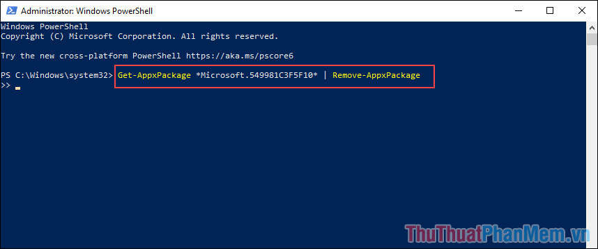 Nhập lệnh Remove-AppxPackage