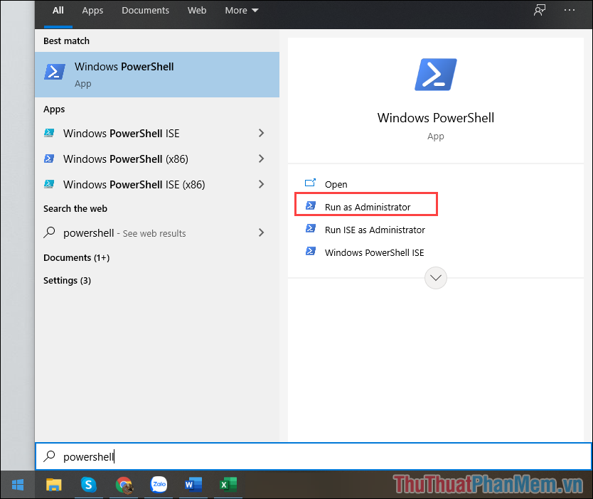 Nhập Powershell và chọn Run as administrator để mở trình mã lệnh của Windows 10
