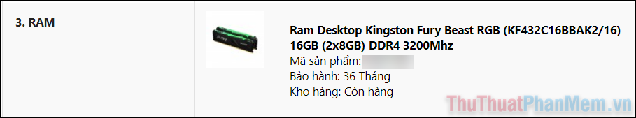 RAM Kingston Fury Beast 16GB (2 thanh 8GB) DDR4 3200MHz