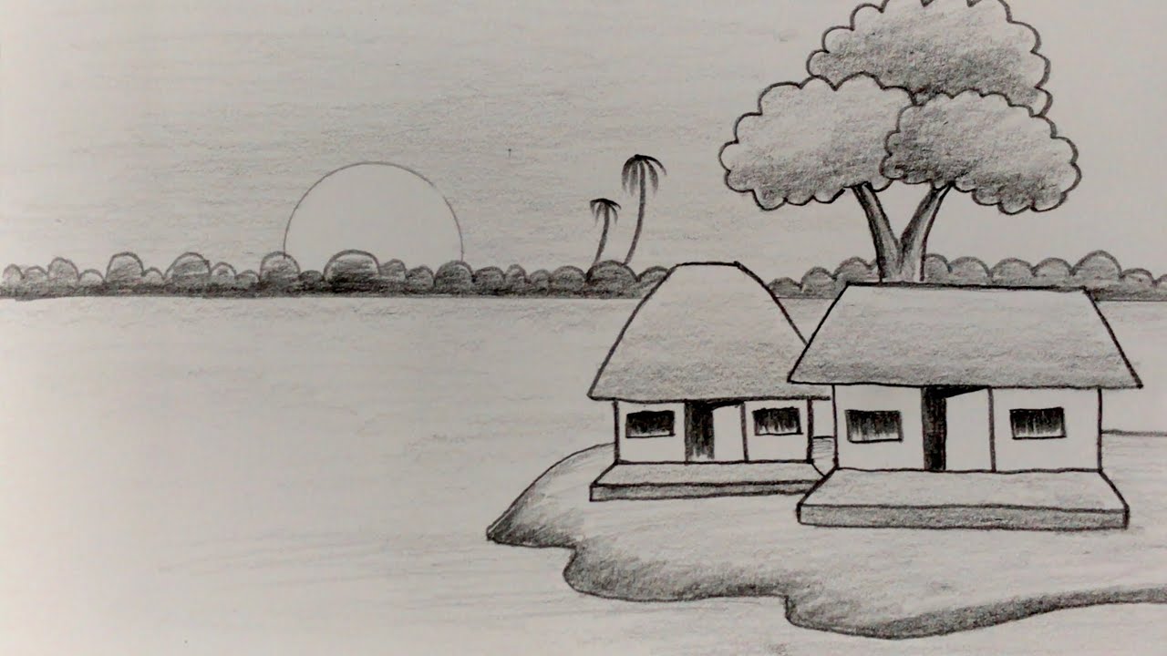 Mẫu tranh vẽ phong cảnh làng quê bằng bút chì