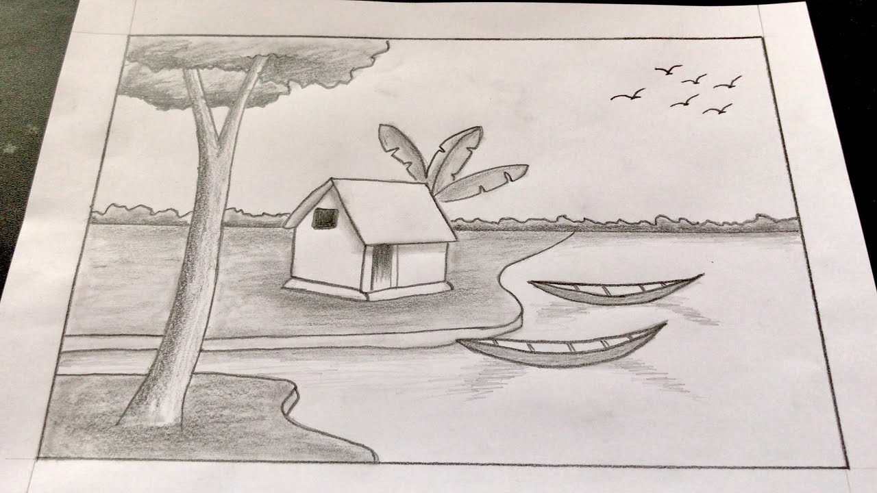 Mẫu tranh vẽ phong cảnh làng quê của học sinh