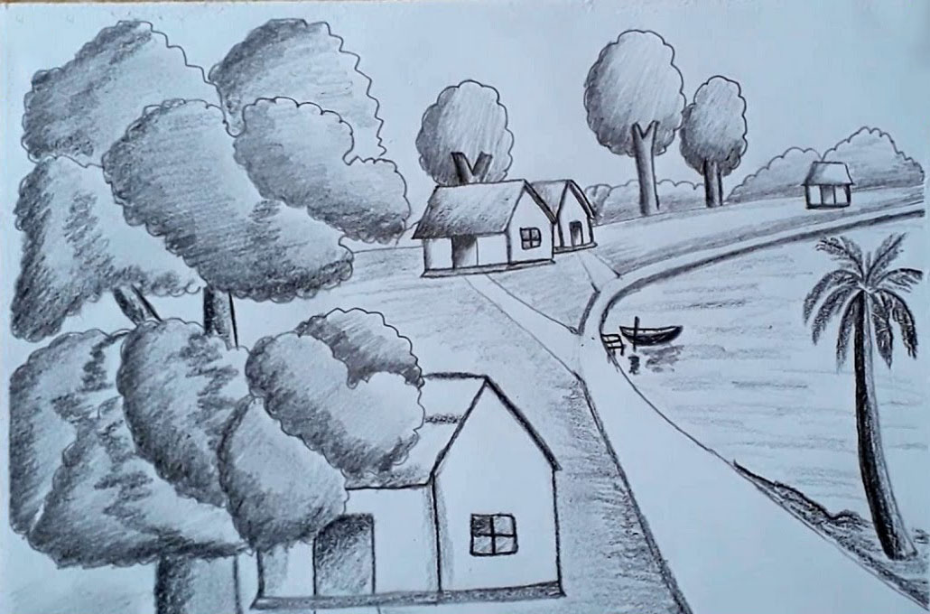 Mẫu tranh vẽ phong cảnh làng quê