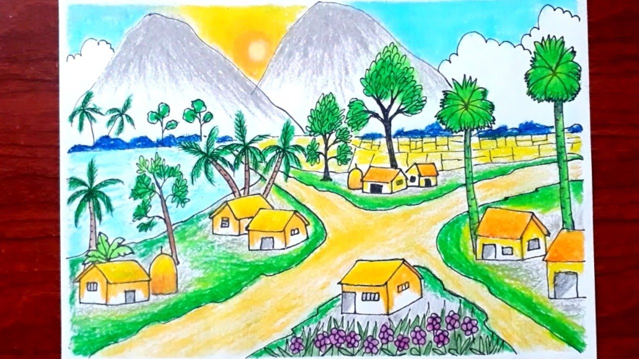 Vẽ cảnh làng quê bằng bút chì màu
